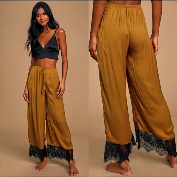 Free People Talking in My Sleep Copper Satin Lace Wide-Leg Pants Size Small
